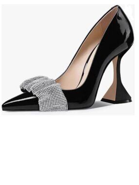 YDN Black Glossy Pointed Toe Slip on Pumps Special High Heel Shoes Party Lady